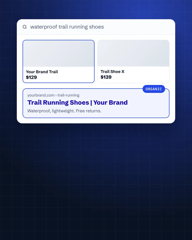 Search results for trail running shoes with product listings and an organic category result