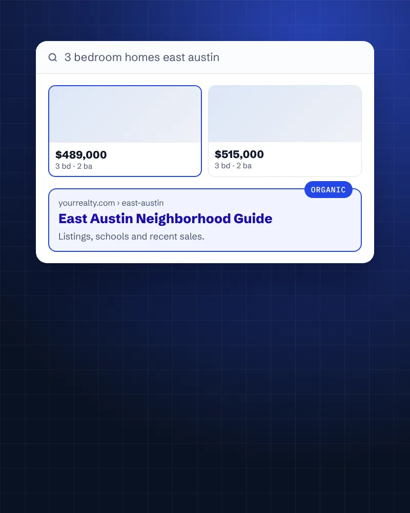 Home listings and a neighborhood guide in search results for a real estate query