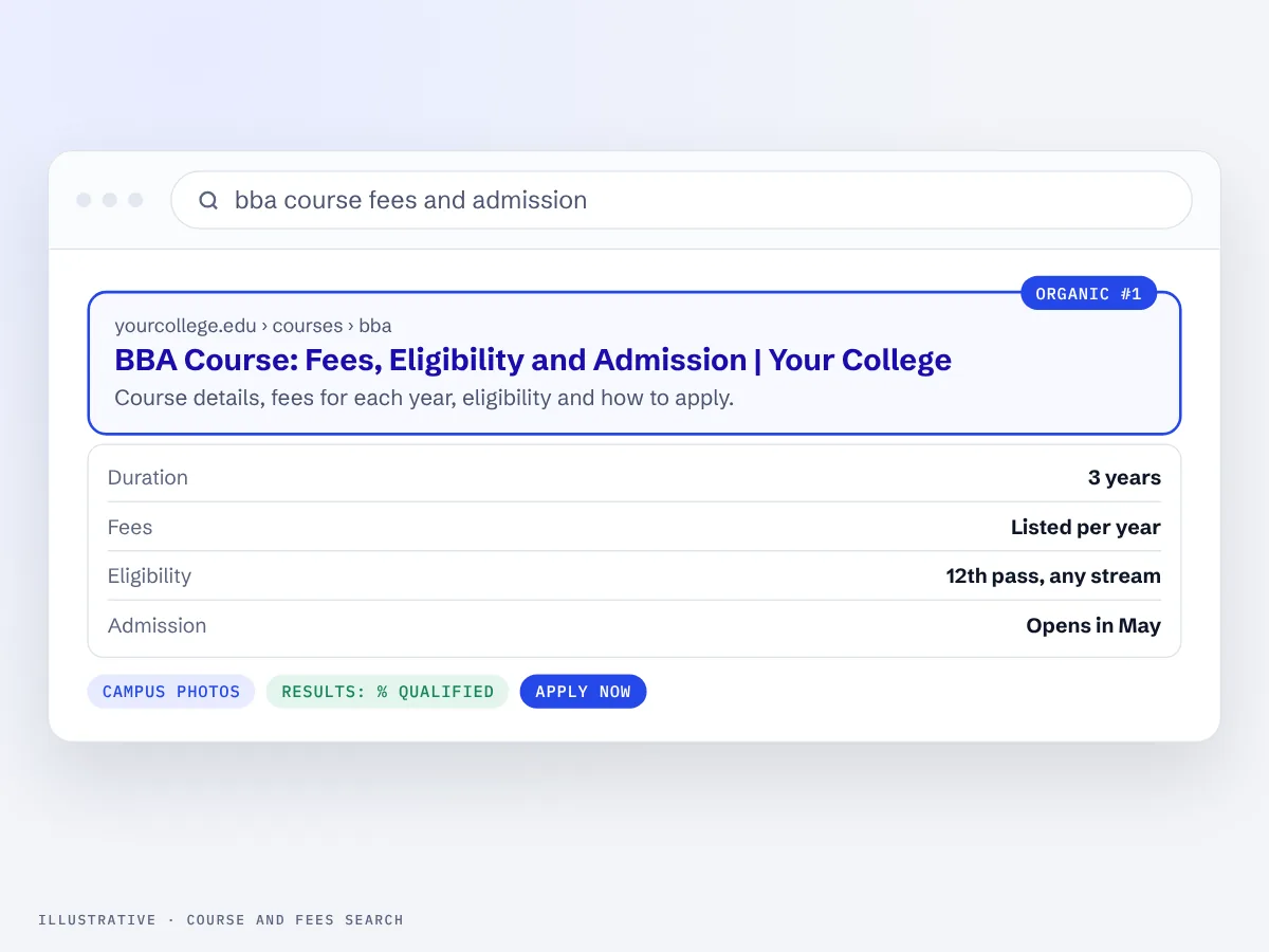 Illustration of a course search with fees and admission details