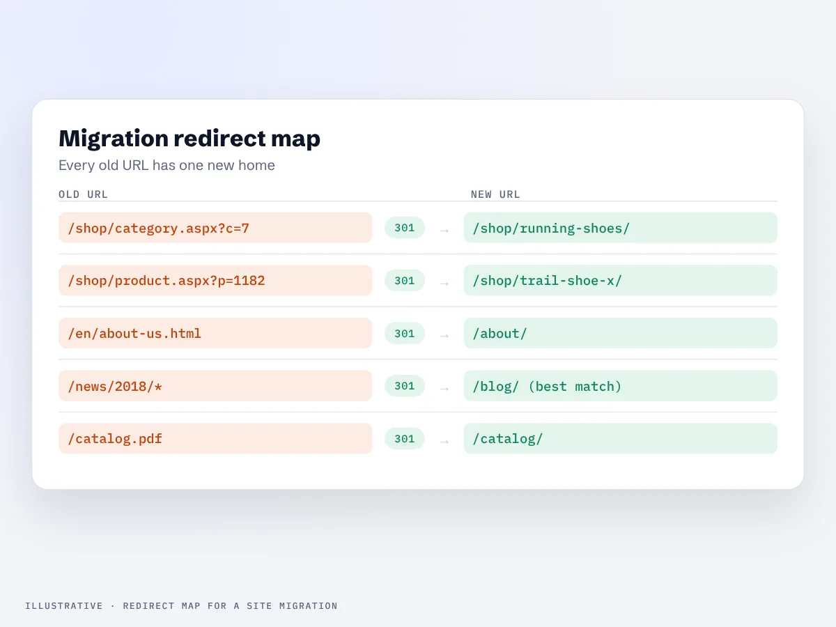 Diagram of old URLs mapped to a new site structure during a migration