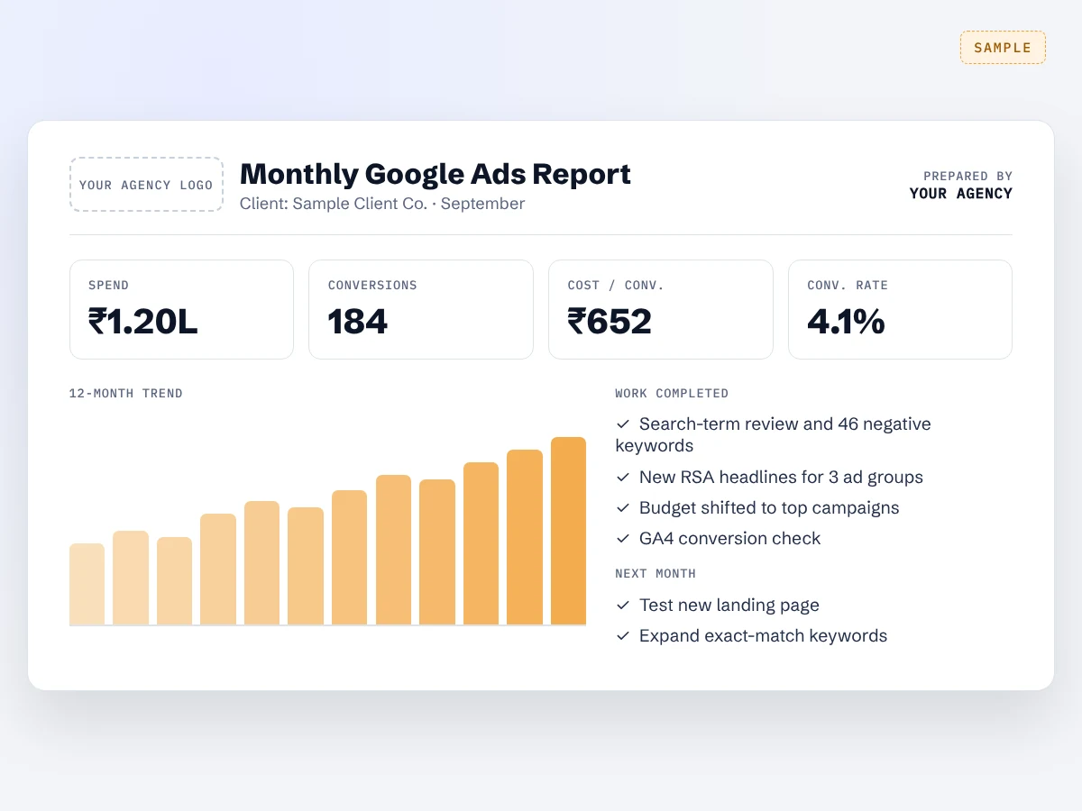Example Google Ads report prepared with a partner agency’s branding